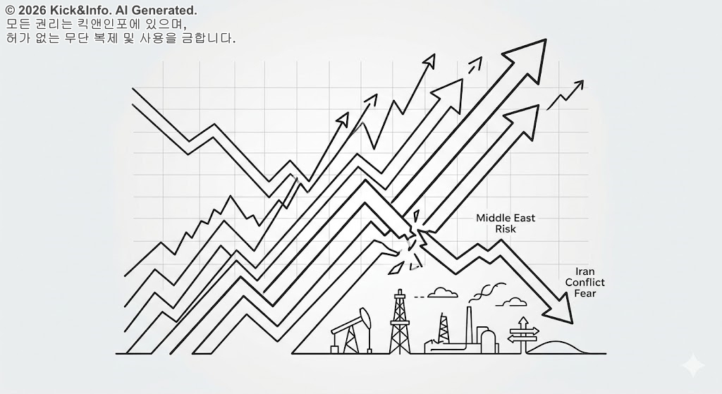 라이트 그레이 배경 위에 여러 개의 주식 지수 차트가 일제히 우상향하며 솟구치는 모습을 형상화한 미니멀 흑백 라인아트 일러스트. 하단에는 에너지 인프라를 상징하는 실루엣과 리스크 완화를 의미하는 꺾인 화살표가 조화롭게 배치되어 있습니다.