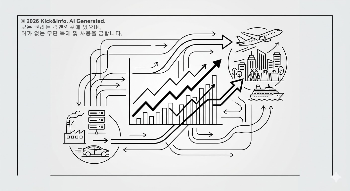 3월 18일 미국 증시 분석을 시각화한 미니멀 라인아트 일러스트. 상승하는 전체 지수 차트와 함께, 자금이 기술주(서버, 전기차)에서 여행·소비주(비행기, 크루즈, 도시)로 이동하며 상승하는 모습을 나타내는 화살표와 아이콘들로 구성됨.