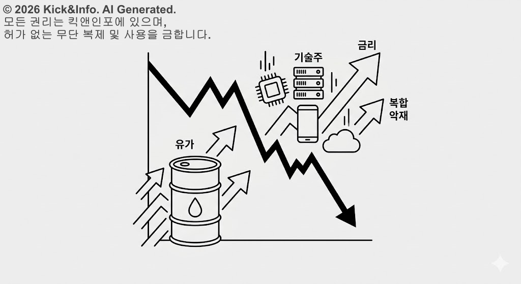 하락하는 주식 시장 차트와 급등하는 유가 배럴, 상승하는 금리 화살표가 기술주 아이콘을 압박하는 구도의 미니멀한 흑백 라인아트 일러스트레이션.