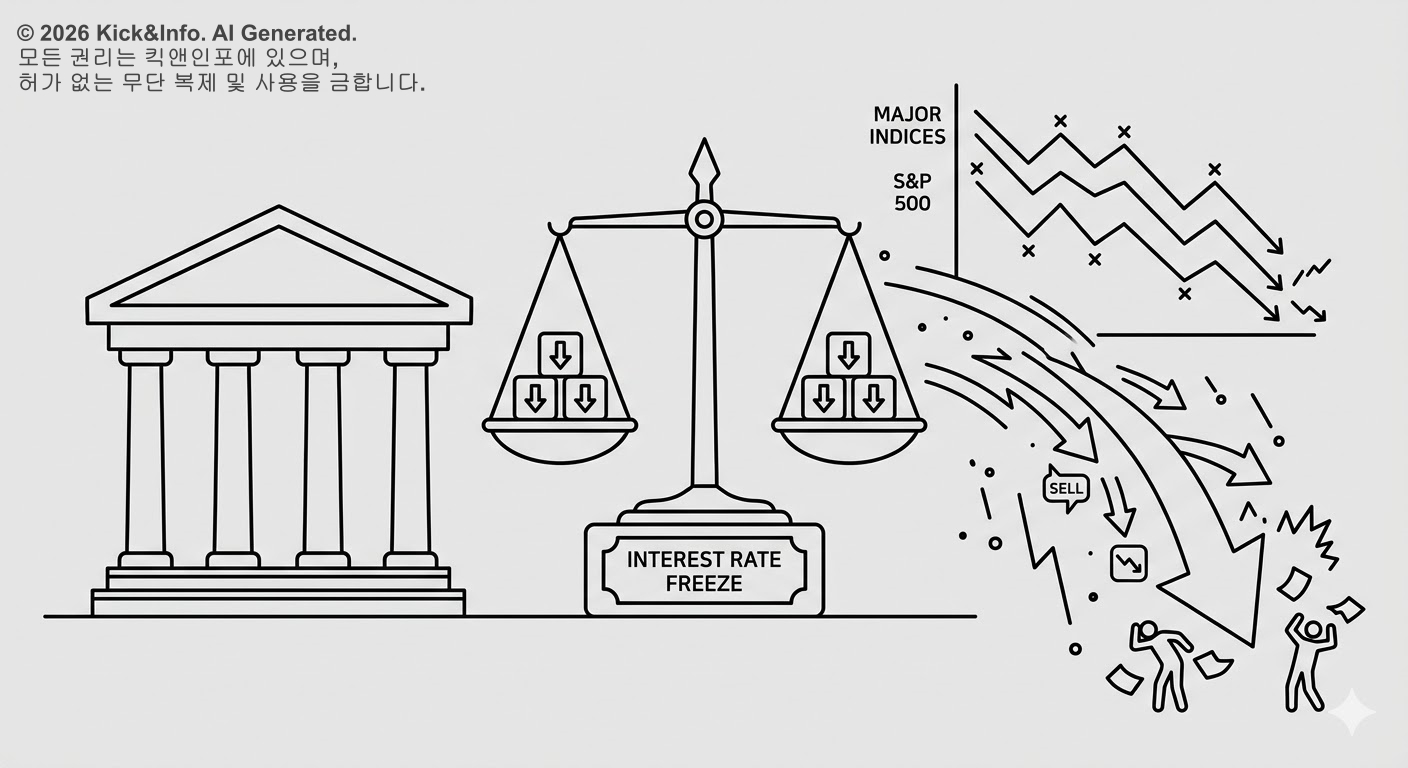 연준(Federal Reserve) 건물, 'INTEREST RATE FREEZE' (금리 동결)라고 쓰인 균형 잡힌 저울, 그리고 실망 매물과 하락하는 주요 지수 차트(MAJOR INDICES, S&P 500)를 미니멀한 흑백 라인아트로 표현한 일러스트레이션. 다운 화살표와 SELL 아이콘, 그리고 당황하는 사람들이 시장 하락 분위기를 나타냅니다.