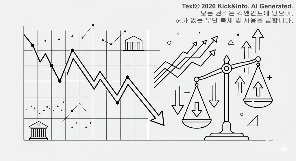 라이트 그레이 배경 위에 흑백 모노크롬으로 그려진 미니멀한 라인아트 일러스트입니다. 왼쪽에는 급격히 하락하는 큰 꺾은선 그래프가 있고, 그 옆으로 상승하는 작은 화살표들이 배치되어 시장의 혼조세를 나타냅니다. 오른쪽에는 수평이 맞지 않는 저울과 서로 다른 방향을 가리키는 화살표들이 배치되어 불균형한 증시 상황을 시각적으로 묘사하고 있습니다.