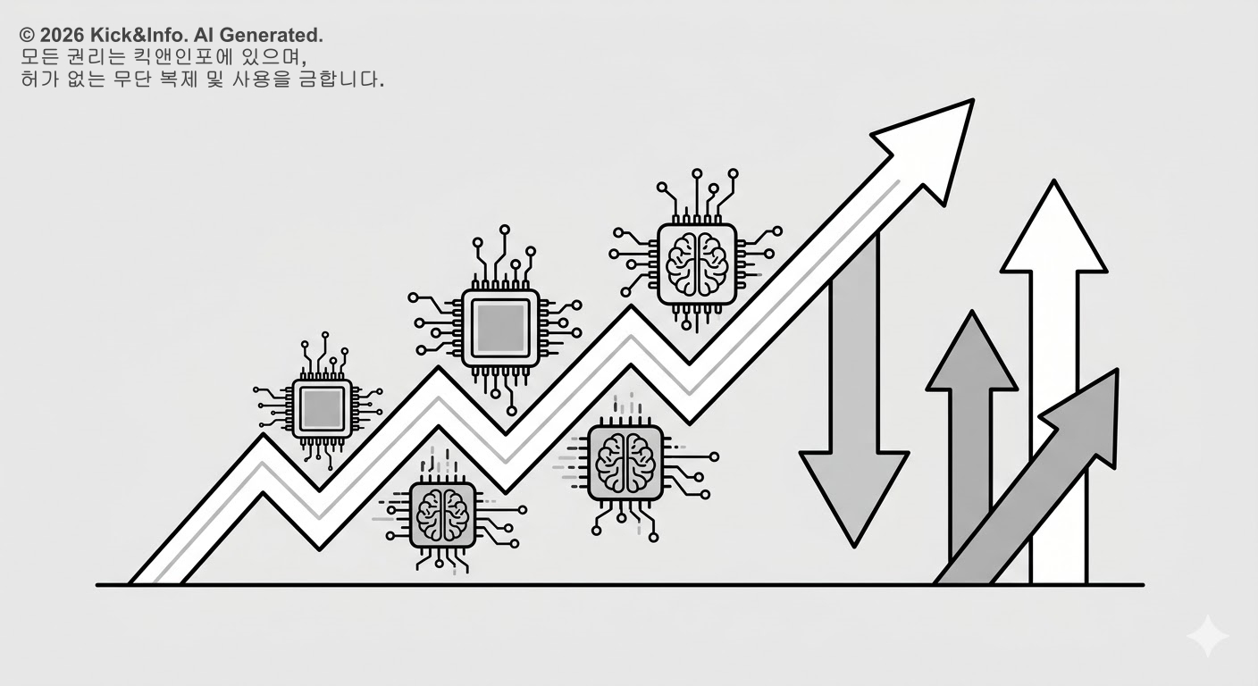 2026년 3월 17일 미국 증시 기술주 반등을 상징하는 미니멀 라인아트 일러스트. 상승하는 나스닥 차트 곡선 위에 AI 반도체 칩 아이콘들이 배치되어 있고, 배경에는 유가 하락을 의미하는 하향 화살표와 주가 상승의 대비 구조가 묘사된 흑백 디자인.