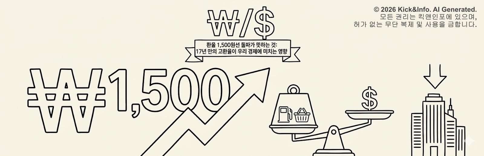 원·달러 환율 1,500원 돌파를 테마로 한 미니멀 라인아트 일러스트입니다. 크림 베이지 배경에 흑백으로 그려졌으며, 상승하는 환율 화살표와 1,500원 숫자, 달러와 원화 기호가 놓인 저울, 그리고 기름 주유기와 장바구니 아이콘이 포함되어 고환율이 경제와 물가에 미치는 영향을 시각적으로 표현하고 있습니다.