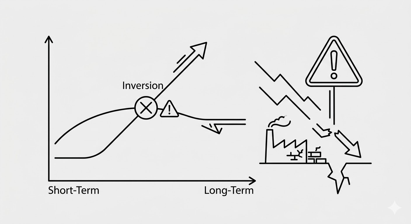 단기 금리가 장기 금리보다 높아지는 '장단기 금리 역전' 현상을 보여주는 선그래프 일러스트. 'Inversion'이라는 텍스트와 경고 아이콘이 교차점에 표시되어 있으며, 그래프 오른쪽에는 경기 지표 하락을 상징하는 무너진 공장과 느낌표가 그려져 있습니다.