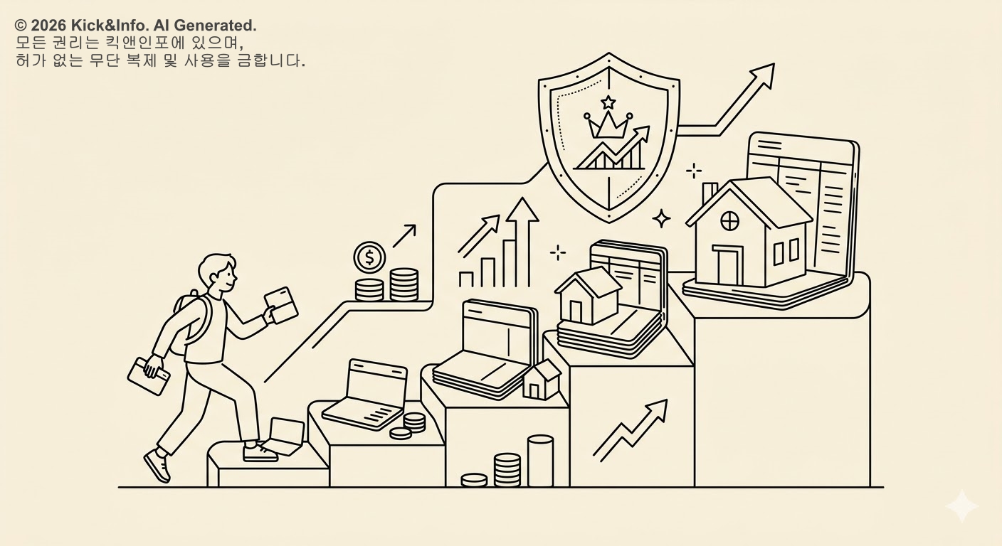 크림 베이지 배경에 흑백 라인아트로 표현된 청년 자산 형성 과정 일러스트. 한 청년이 우상향하는 계단을 오르고 있으며, 계단을 오를수록 저축 통장과 집의 크기가 점점 커지는 성장 구도를 보여줍니다. 상단에는 자산을 보호하는 정부 지원의 상징인 방패 아이콘과 상승 화살표 그래프가 함께 배치되어 안정적인 경제적 성장을 시각화하고 있습니다.