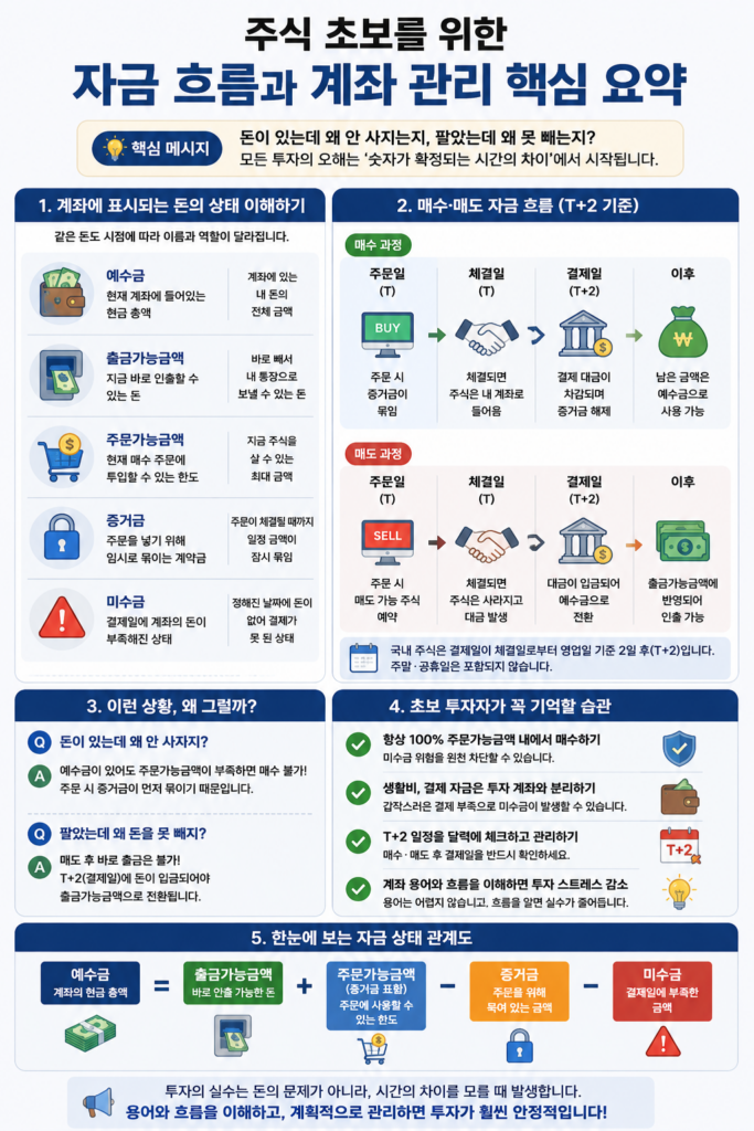 주식 초보자를 위해 예수금, 출금가능금액, 주문가능금액, 증거금, 미수금의 차이와 T+2 결제 구조를 설명하는 인포그래픽으로, 매수·매도 이후 자금 흐름과 계좌 관리 핵심 포인트를 한눈에 정리한 이미지