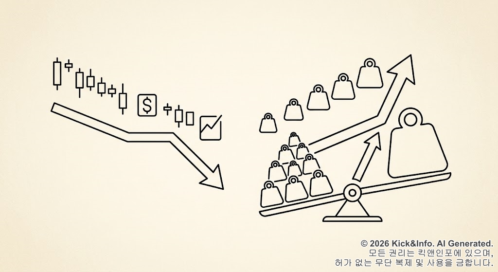 하락하는 주가 차트와 함께 아래로 향하는 평균단가 화살표, 그리고 그와 반대로 무거운 무게추가 쌓이며 위로 솟구치는 투자금 부담을 대조하여 표현한 미니멀 라인아트 일러스트입니다. 평단 인하의 착시와 리스크 확대를 시각적으로 나타냈습니다.
