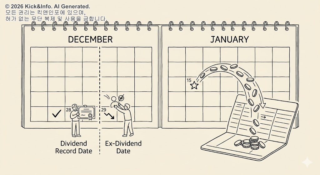 크림 베이지 배경의 미니멀한 흑백 라인아트 일러스트입니다. 왼쪽 달력에는 배당 기준일(Dividend Record Date)에 체크 표시와 함께 주주 명부를 든 인물이 있고, 그 옆 배당락일(Ex-Dividend Date)에는 권리가 소멸됨을 나타내는 인물과 하락 화살표가 묘사되어 있습니다. 오른쪽 달력에서 날짜가 표시된 별 모양으로부터 펼쳐진 통장 안으로 동전들이 쏟아져 들어오는 배당금 지급 흐름을 시각적으로 표현했습니다.