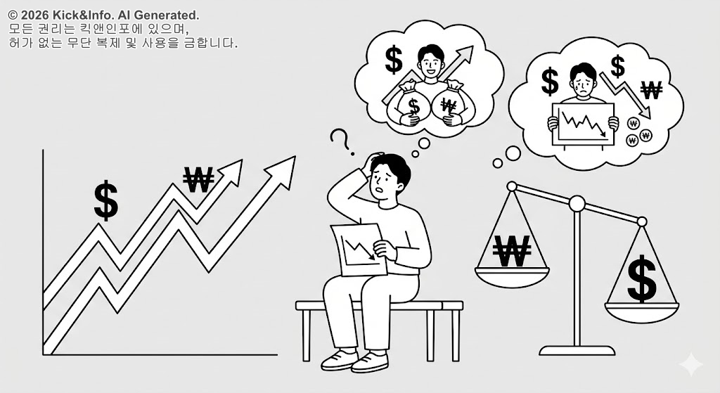 미니멀리스트 흑백 라인 아트 일러스트레이션으로, 벤치에 앉아 하락하는 차트 종이를 들고 혼란스러워하는 남자를 중심으로 합니다. 왼쪽에는 상승하는 달러 및 원화 환율 그래프가 있고, 오른쪽에는 달러 가치가 상승했음을 나타내는 불균형한 저울이 있습니다. 남자 위로 두 개의 생각 풍선이 있는데, 왼쪽은 돈 자루를 들고 웃는 사람(환차익 기대)을, 오른쪽은 자산 가치 하락으로 우는 사람(투자 손실 현실)을 보여주며, 환율 상승이 반드시 수익으로 이어지는 것은 아니라는 달러 투자의 복잡성을 시각화했습니다