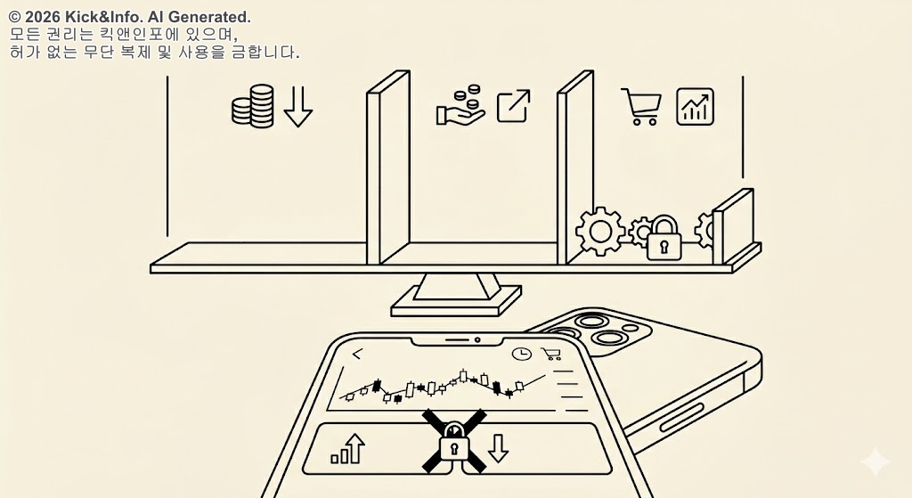 계좌 잔액이 있는데 매수가 안 되는 상황을 시각화한 미니멀 라인아트 일러스트. 자물쇠로 막힌 매수 버튼과 상단의 예수금, 출금가능, 주문가능 칸막이 구조를 통해 주식 초보가 헷갈려하는 증거금과 결제 구조를 설명한다.
