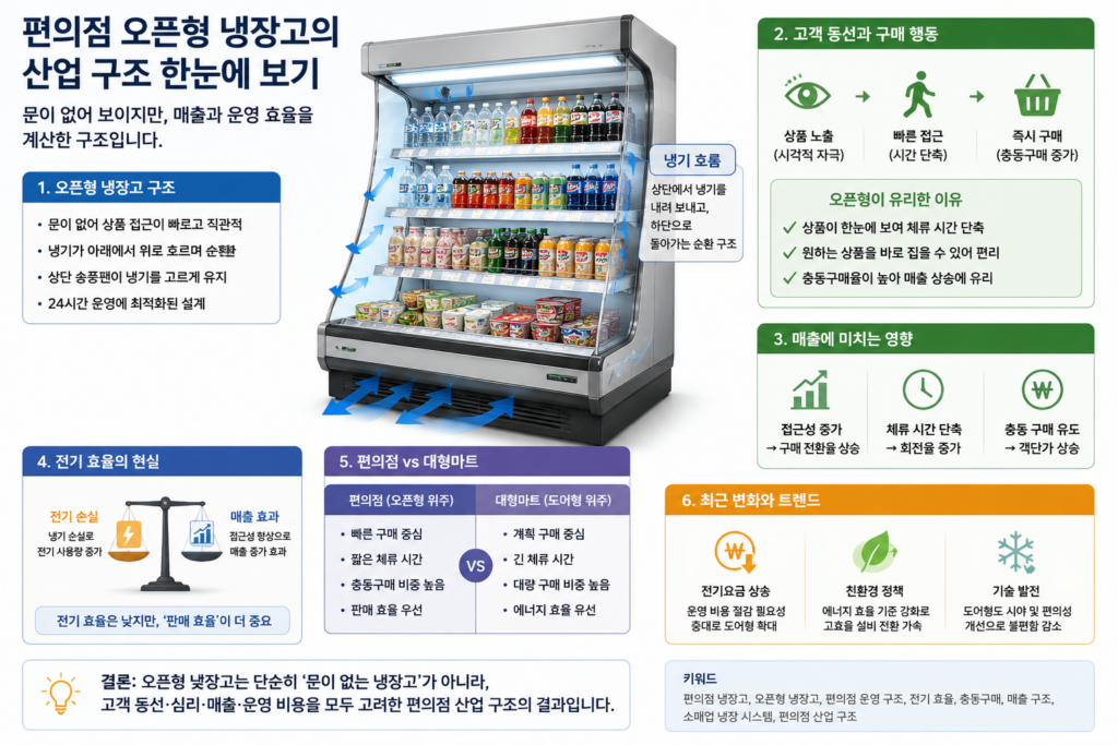 편의점 오픈형 냉장고의 냉기 흐름과 고객 동선을 함께 표현한 산업구조 인포그래픽 이미지