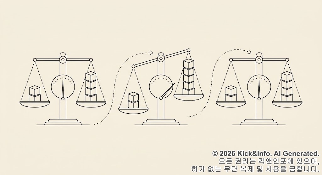자산 비율이 처음에 균형을 이루다가 시간이 지나 한쪽으로 기울고, 다시 리밸런싱을 통해 수평을 맞추는 과정을 세 단계의 저울로 표현한 미니멀한 라인아트 일러스트
