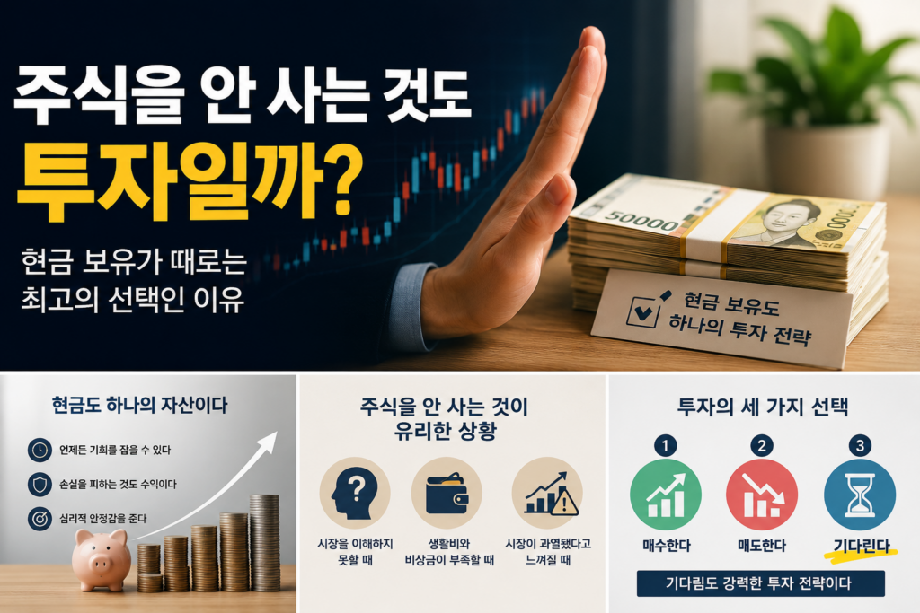 주식을 안 사는 것도 투자일까라는 문구와 함께 손으로 주식 차트를 막고 현금을 보유하는 모습을 표현한 투자 전략 이미지. 현금 보유가 때로는 최고의 선택이 될 수 있음을 상징적으로 보여준다.