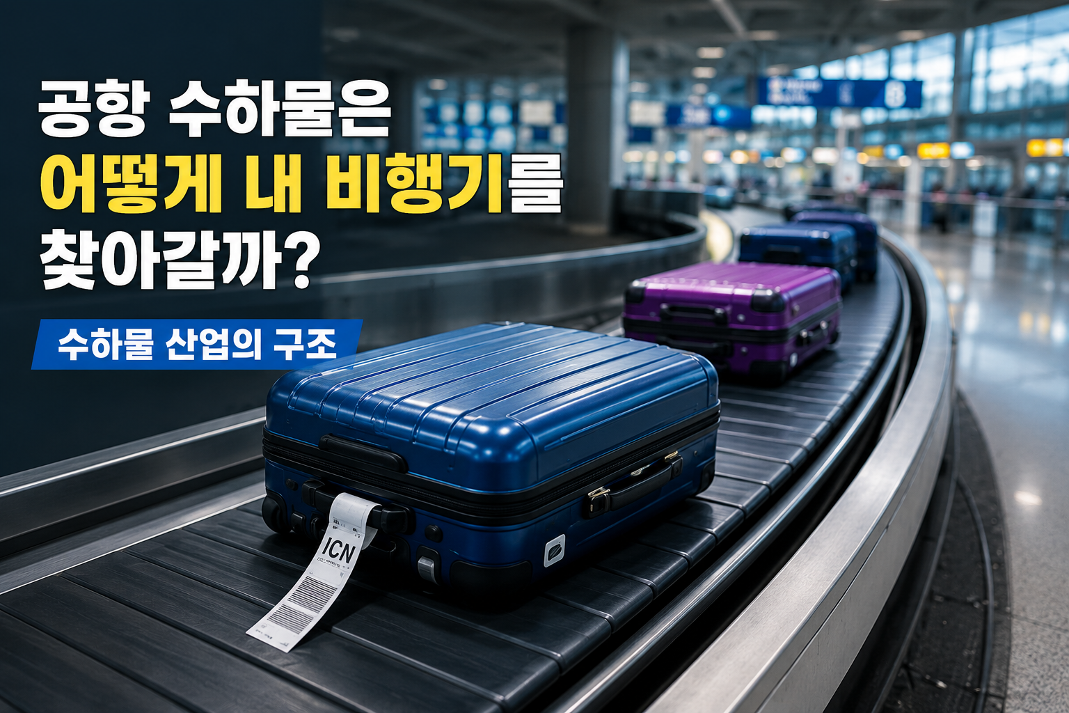 공항 컨베이어벨트 위를 이동하는 여행용 캐리어와 수하물 처리 과정을 표현한 이미지