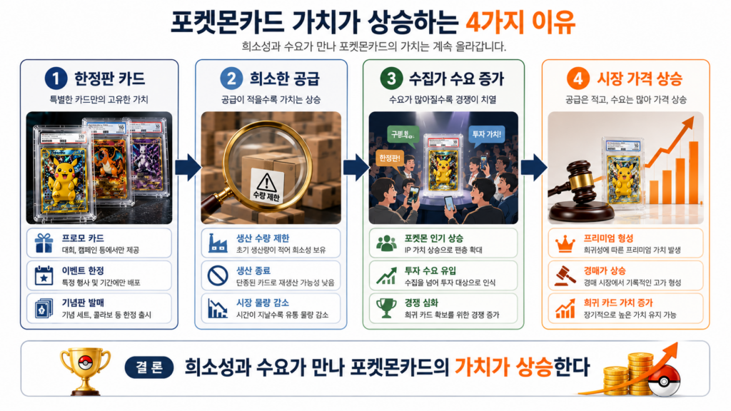 포켓몬카드의 희소성, 수요 증가, 한정판 전략이 가격 상승으로 이어지는 과정을 설명한 인포그래픽