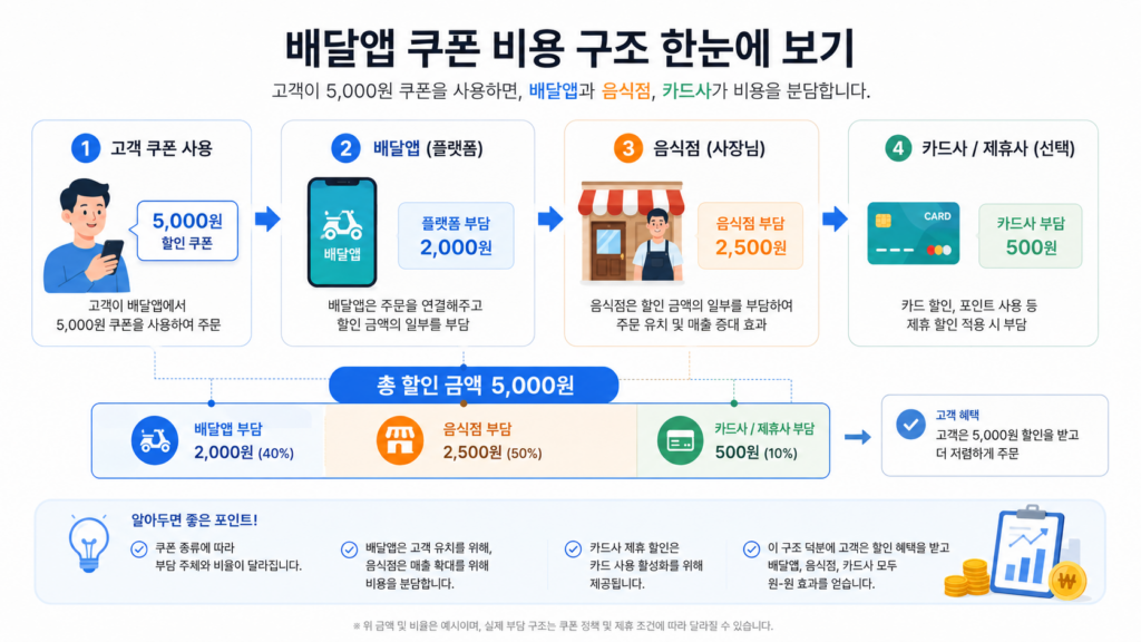 배달앱 쿠폰 할인 비용이 배달앱과 음식점, 카드사 사이에서 분담되는 구조를 나타낸 인포그래픽