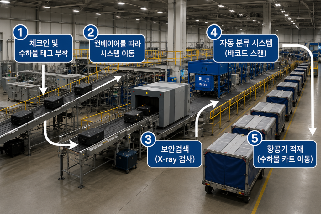 공항 수하물이 체크인, 보안검색, 자동 분류를 거쳐 항공기에 적재되는 과정을 보여주는 수하물 처리 시스템 이미지